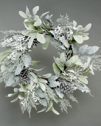 Lambs Ear, Holly Pine Cone & White Berry Flocked Wreath