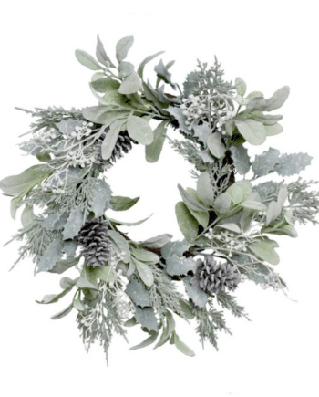 Lambs Ear, Holly Pine Cone & White Berry Flocked Wreath