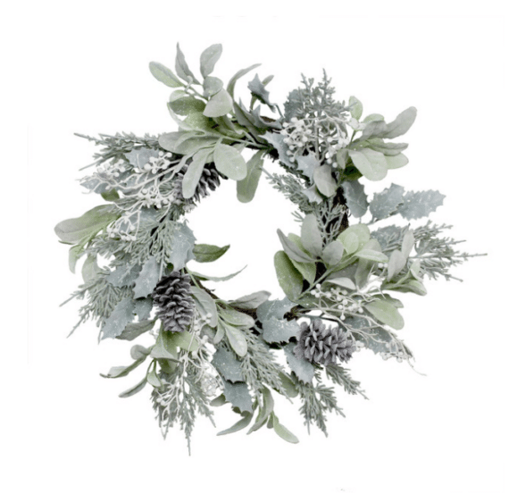 Lambs Ear, Holly Pine Cone & White Berry Flocked Wreath